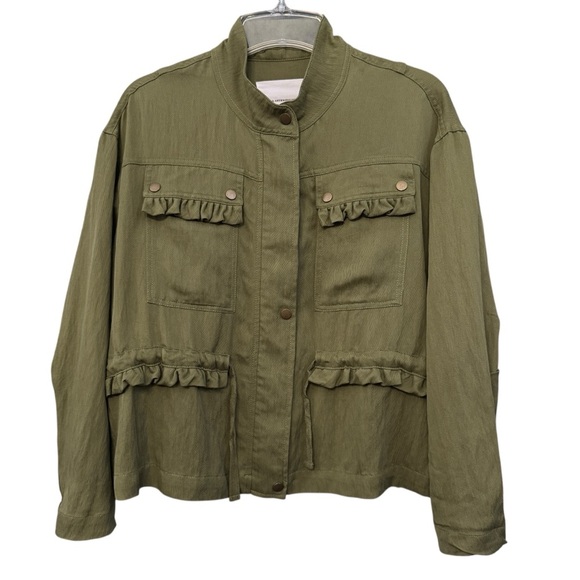 Anthropologie Utility Jacket Green Ruffle Trim Petite XXSP Fits Like Medium - Picture 1 of 7